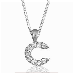Pendentif lettre " C " en argent rhodié serti de zirconias + collier en argent rhodié maille Carrée