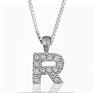 Pendentif lettre " R " en argent rhodié serti de zirconias + collier en argent rhodié maille Carrée