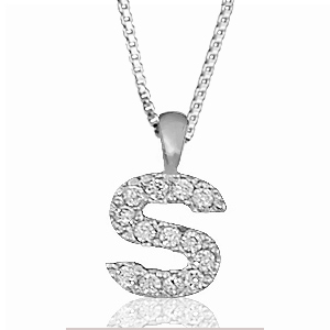 Pendentif lettre " S " en argent rhodié serti de zirconias + collier en argent rhodié maille Carrée