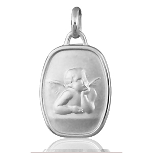 Pendentif Médaille Ange rectangle pans arrondis en argent rhodié