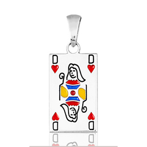 Pendentif carte de poker " dame de coeur " en argent rhodié